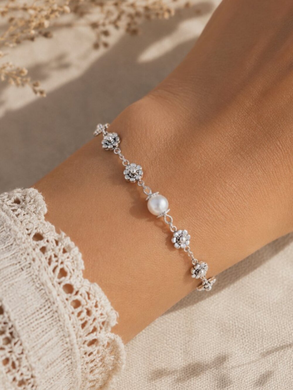 Dainty 925 Sterling Silver Flower & Pearl Bracelet